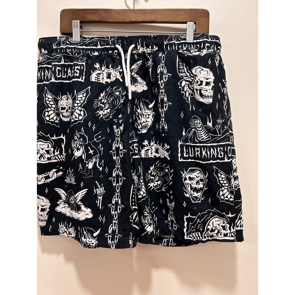 Lurking Class Mens XL Black White Skull Tattoo Swim Trunks Shorts